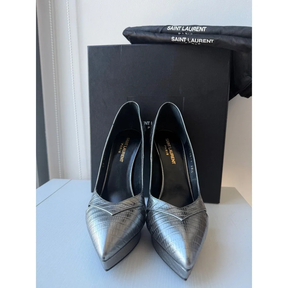 Saint Laurent Tejus Croc Embossed Platform Pumps Graphite EU 38.5